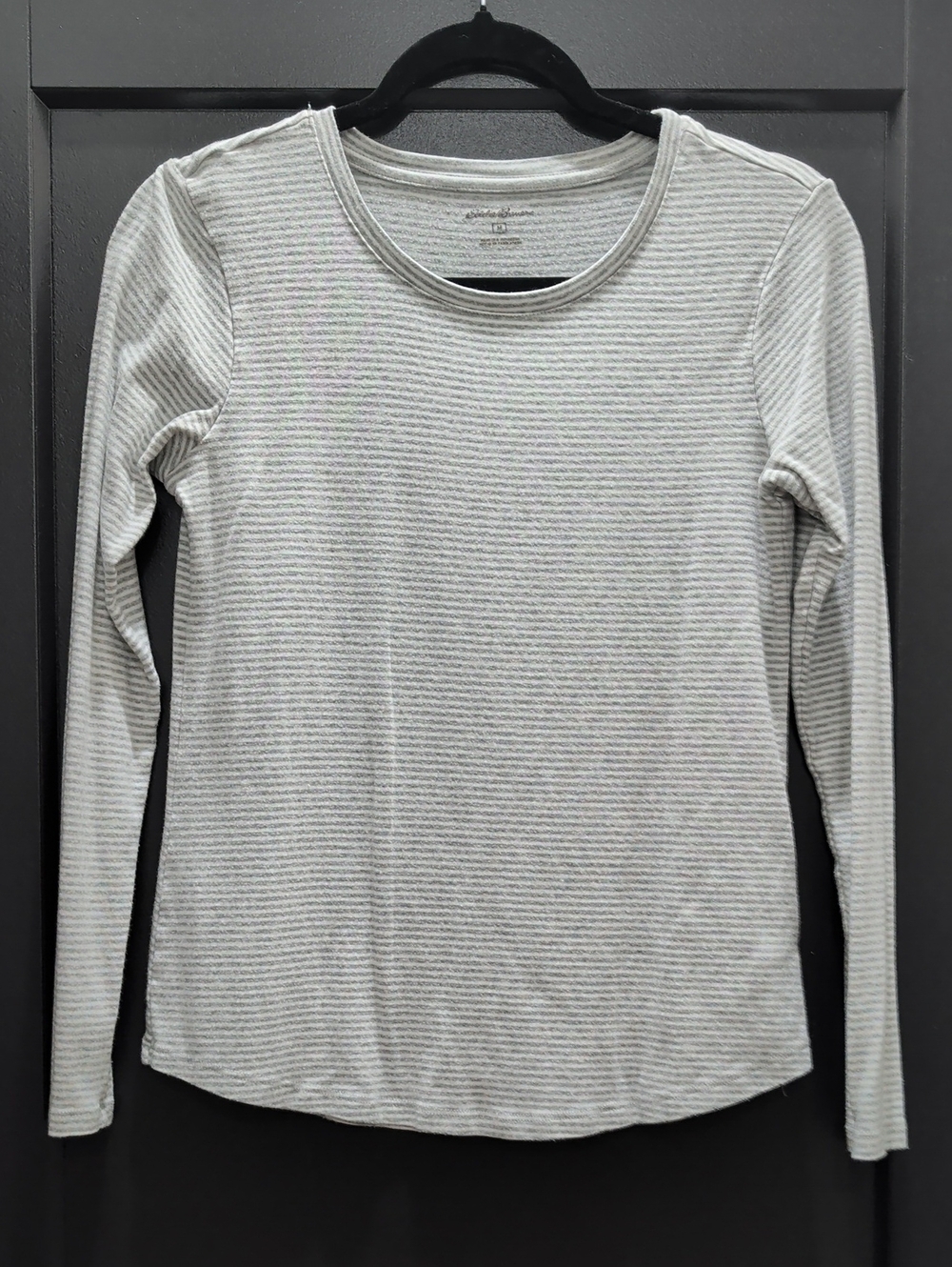 Eddie Bauer Light Gray and White Striped Long-Sleeve Crew Tee